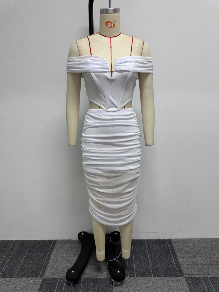 Seductive Elegance Sheer Detail One-Shoulder Design Mesh Patchwork Bodycon Dress Set