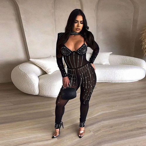 Sparkling Pearl Diamond Embellished Fashionable Stretchy Jumpsuit