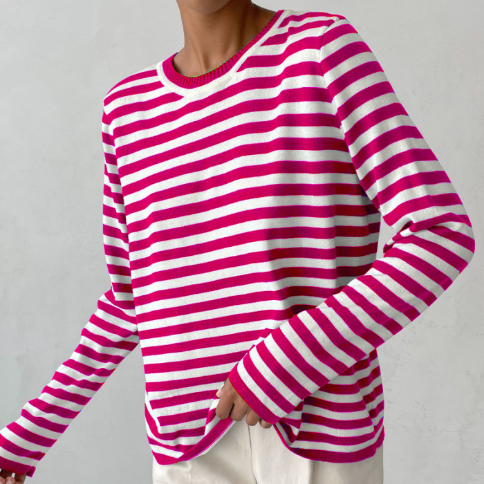 Versatile and Stylish Classic Retro Round Neck Knit Striped Sweater