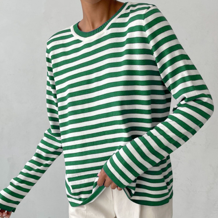 Versatile and Stylish Classic Retro Round Neck Knit Striped Sweater
