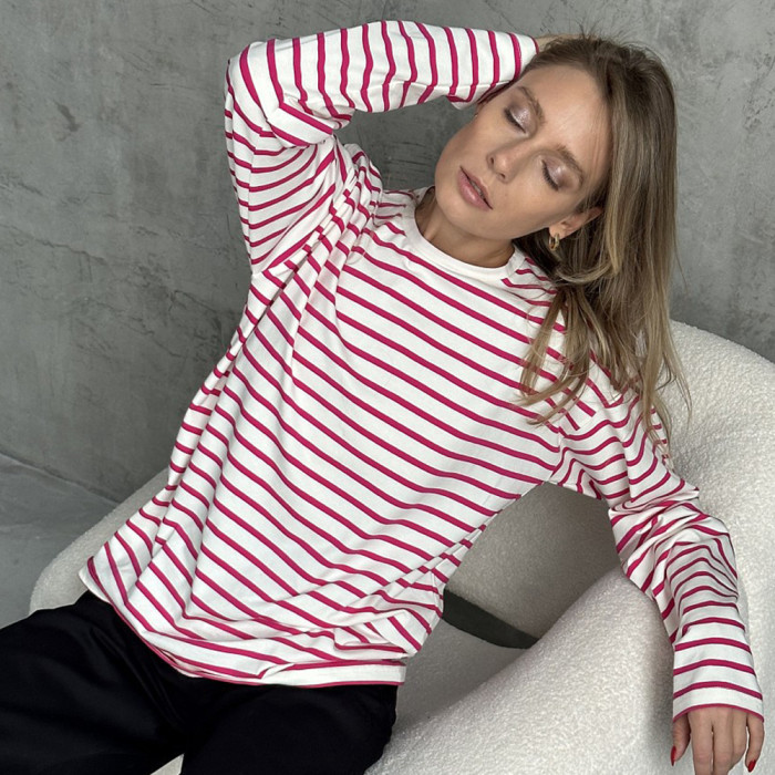 Casual Round Neck Cotton Striped Long Sleeved Striped T-shirt