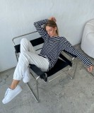 Casual Round Neck Cotton Striped Long Sleeved Striped T-shirt