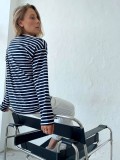 Casual Round Neck Cotton Striped Long Sleeved Striped T-shirt