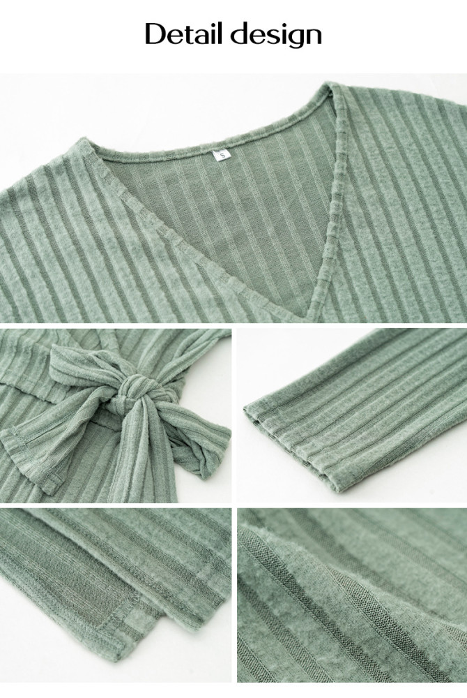 V-neck Long-Sleeved Knitted Wrap Midi Dress