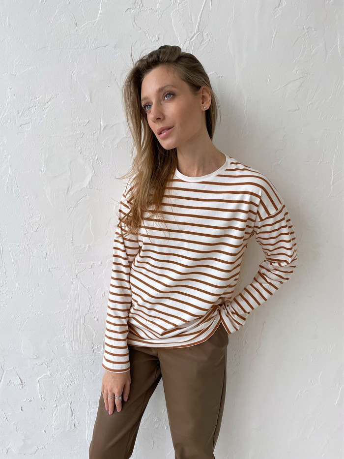 Casual Round Neck Cotton Striped Long Sleeved Striped T-shirt