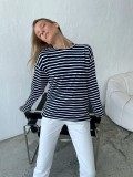 Casual Round Neck Cotton Striped Long Sleeved Striped T-shirt