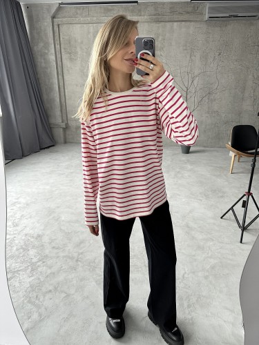 Casual Round Neck Cotton Striped Long Sleeved Striped T-shirt