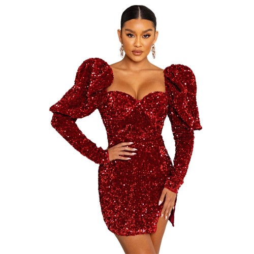 Sparkling Backless Padded Shoulder Bubble Sleeve Party Dress for Women