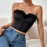 Low-cut Eyelash Patchwork Short Feather Corset Top