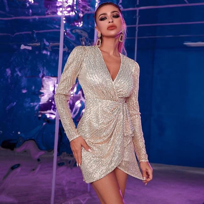 Sparkling Seduction V-Neck Party Glitter Mini Dress with Long Sleeves
