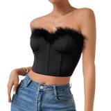 Low-cut Eyelash Patchwork Short Feather Corset Top