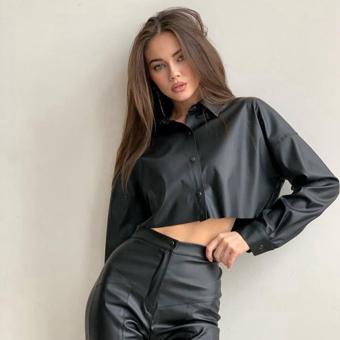 PU Material Batwing Long-Sleeved Crop Top for Women
