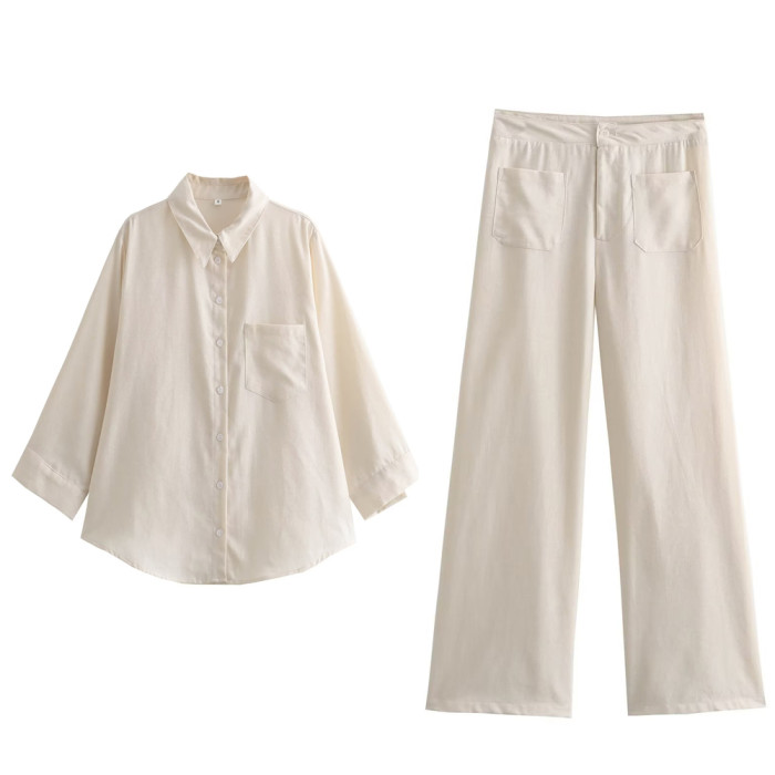 Pocket-Embellished Linen Shirt with Mid-Waist Trousers Set