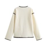 Color-Block Edge Decorated Round Neck Single-Breasted Button Pocket Long-Sleeved Woolen Coat