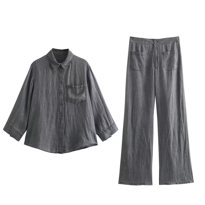 Pocket-Embellished Linen Shirt with Mid-Waist Trousers Set