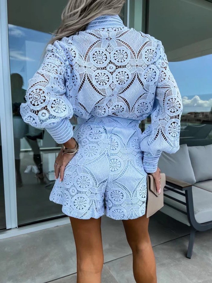 Solid Color Single-Breasted Stand Collar Lace Shorts Long Sleeve Set