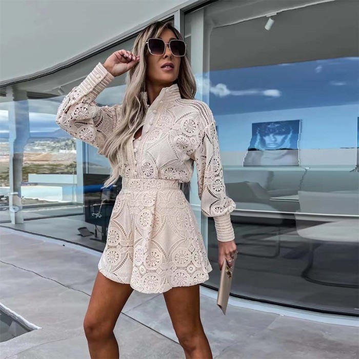 Solid Color Single-Breasted Stand Collar Lace Shorts Long Sleeve Set