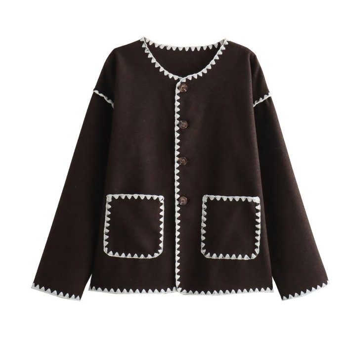 Color-Block Edge Decorated Round Neck Single-Breasted Button Pocket Long-Sleeved Woolen Coat
