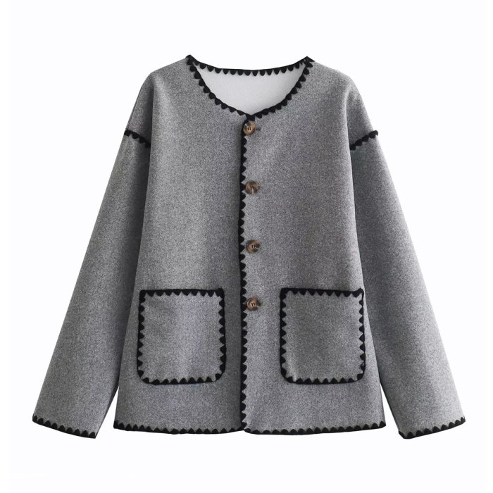 Color-Block Edge Decorated Round Neck Single-Breasted Button Pocket Long-Sleeved Woolen Coat