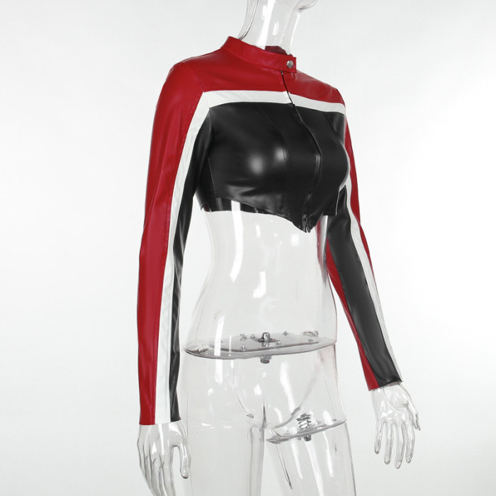 Exposed Midriff and Long Sleeves Color-Contrasting Motorcycle Style Cropped Leather Jacket