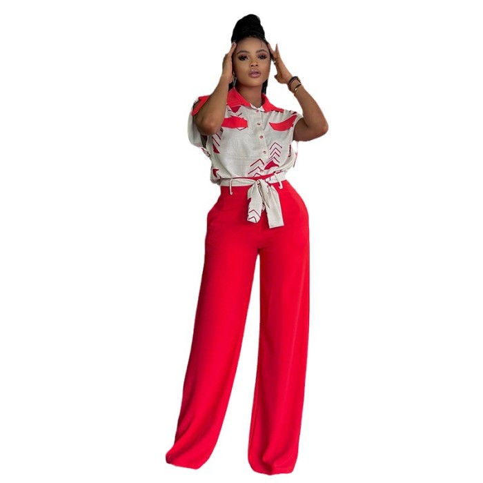 Fashionable Collar-Turned Short-Sleeve Shirt with Wide-Leg Pants and Tie-Up Waist Casual Set