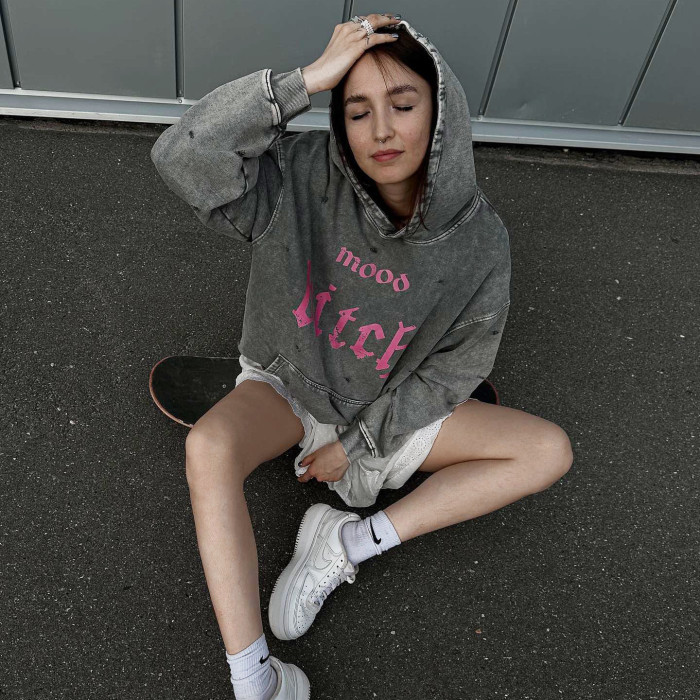 High Street distressed washed hooded sweatshirt for women