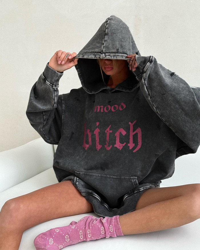 High Street distressed washed hooded sweatshirt for women
