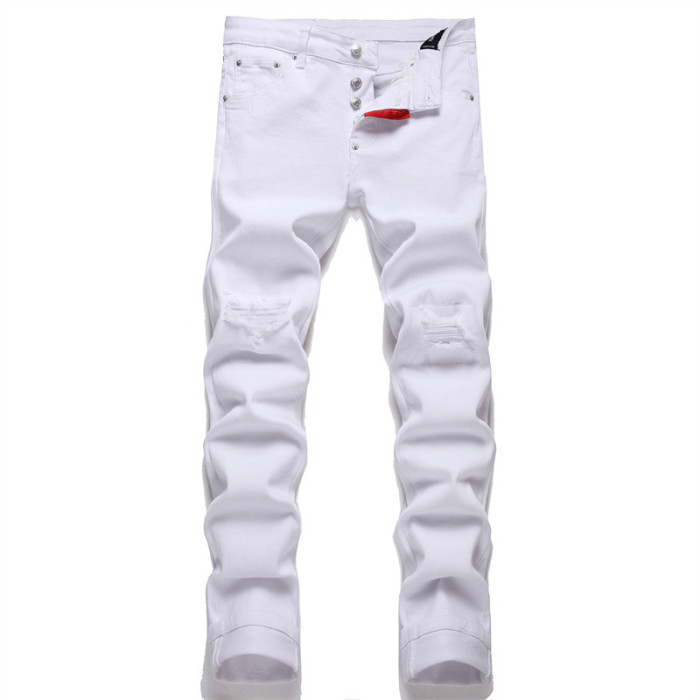 Men Pure White Simple Slim Fit DSQ Elasticity Jeans