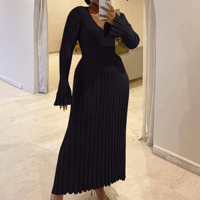 V-neck Casual Chic Waist Cinching Striped Texture Knit Dress