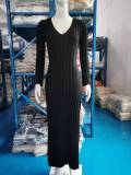 V-neck Casual Chic Waist Cinching Striped Texture Knit Dress