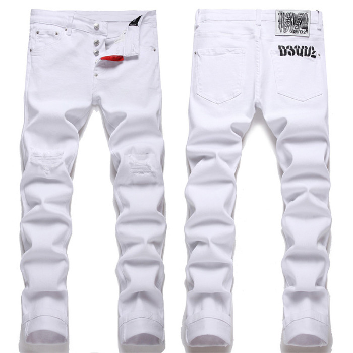 Men Pure White Simple Slim Fit DSQ Elasticity Jeans