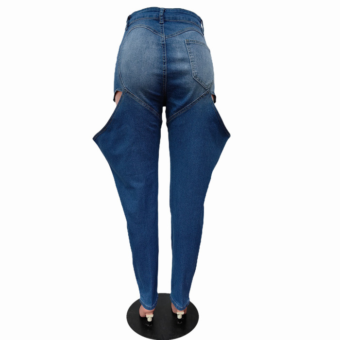 Fashion able Long Pants Stretchy Open thigh Cutout high-rise wide-leg jeans