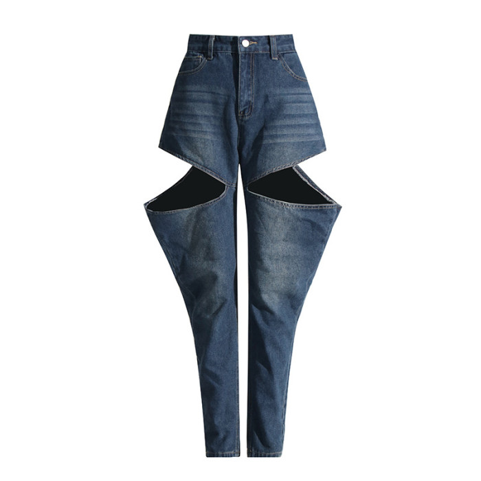 Fashion able Long Pants Stretchy Open thigh Cutout high-rise wide-leg jeans
