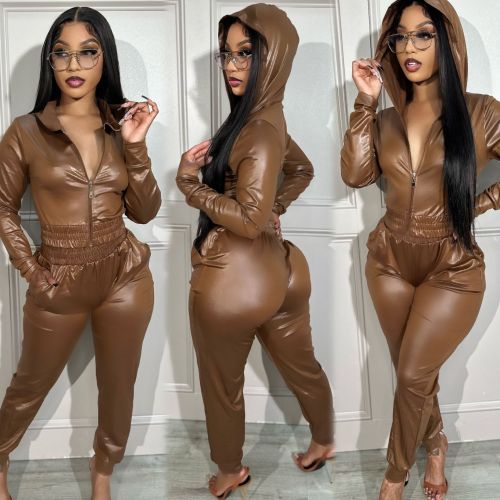 Women's Activewear Faux Leather Jacket Hooded Two-Piece Set