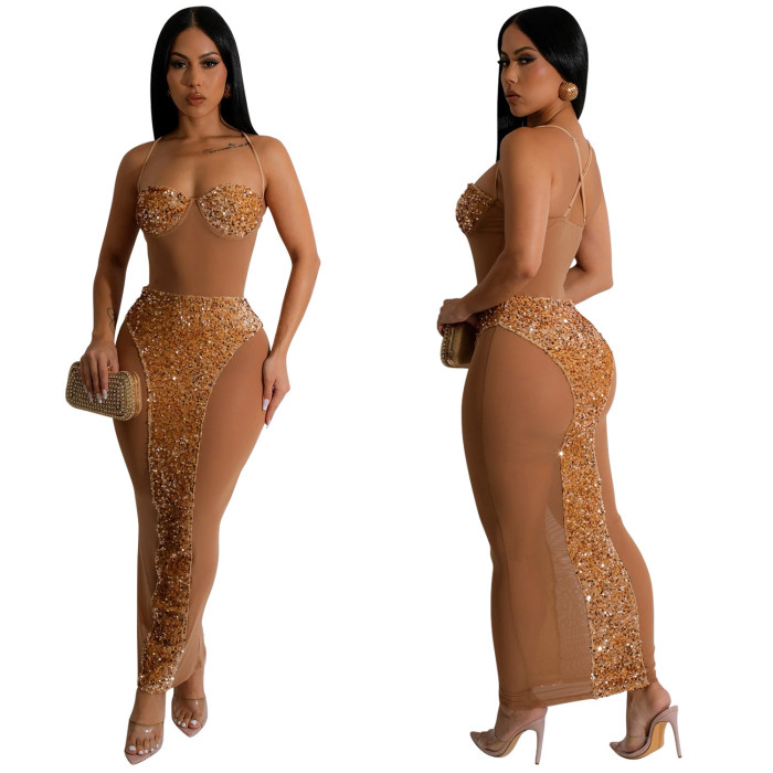 Women's Solid Color Sexy Strapless See-Through Sequin Dress