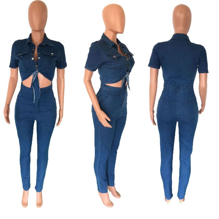 Seductive and Trendy Short-sleeved Denim Jumpsuit