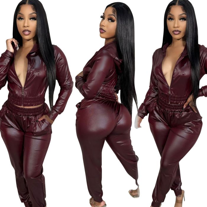 Women's Activewear Faux Leather Jacket Hooded Two-Piece Set