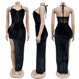 Fashion Women's Solid Color Mesh Straps Slit Long Dress