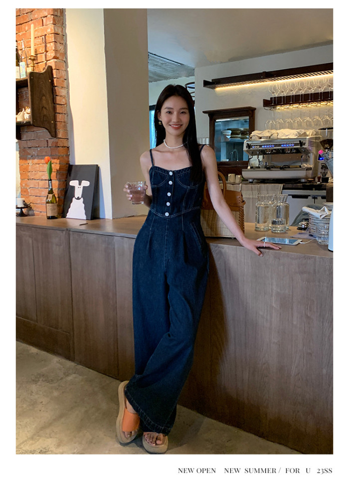 Sexy Casual Suspenders Wide-Legged Flared Pants Denim Jumpsuit