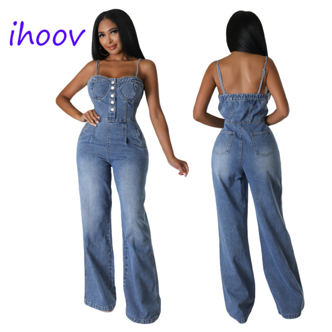 Sexy Casual Suspenders Wide-Legged Flared Pants Denim Jumpsuit