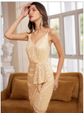 Spaghetti Straps V-Neck Sparkling Tight-Fit Evening Gown