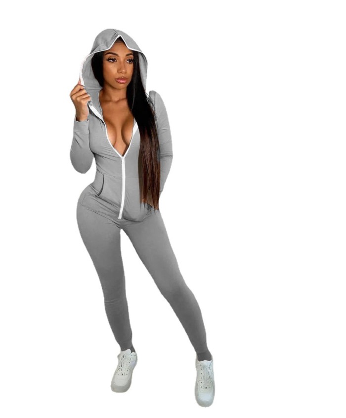Solid color zipper personalized hooded sports fitness jumpsuit