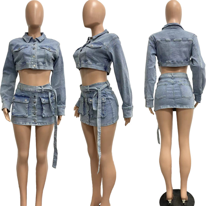 Sexy Washed Denim Lace Up 3D With Pocket Skirt set