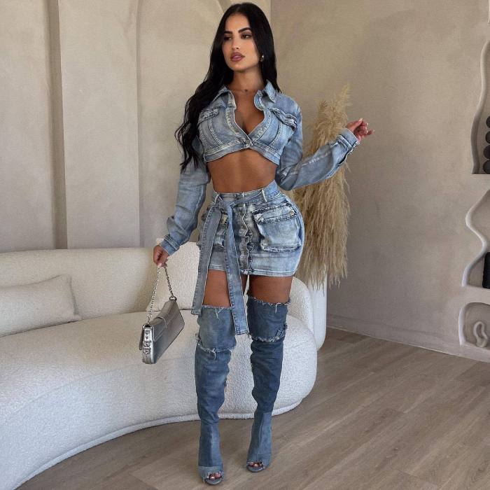 Sexy Washed Denim Lace Up 3D With Pocket Skirt set