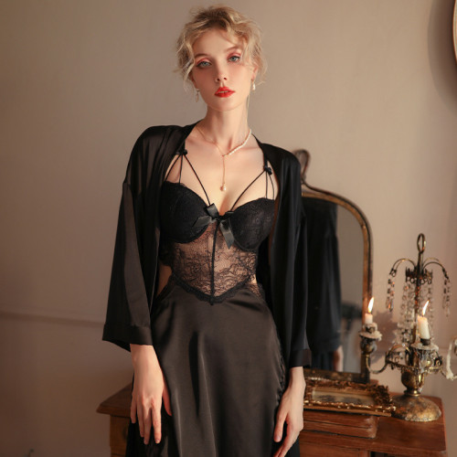 Sexy Deep V Neckline Lace with Satin Lingerie Set