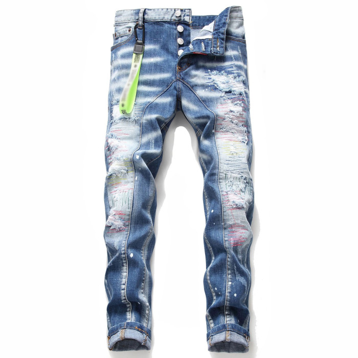 Men's Slim Fit Distressed Patchwork Denim Jeans