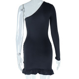 Metallic Accent One-Shoulder Bodycon Dress with Ruffled Hem