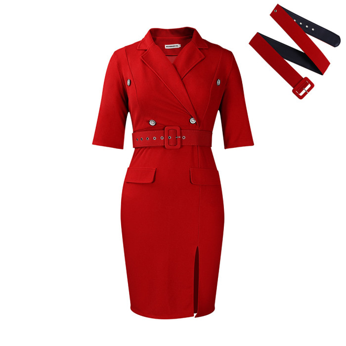 Slimming Suit Collar Hip-Hugging Design Thigh-High Slit Professional Dress