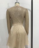 Sparkling Mesh Deep V-neck Criss-cross Long-sleeved Short A-line Dress
