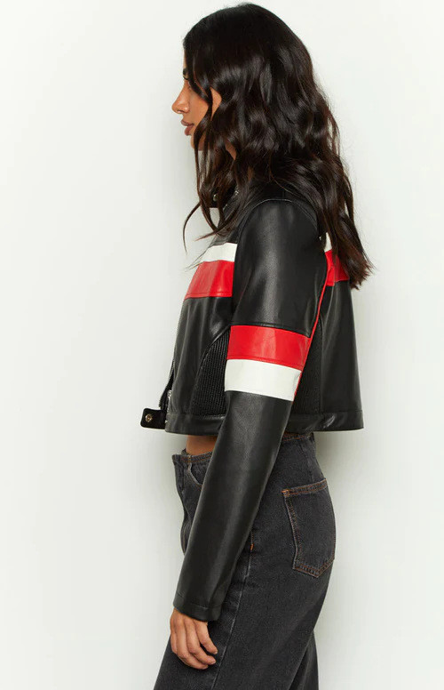 Motorcycle Style Color-Block High Neck Zipper Long Sleeve Slim Fit Short PU Leather Jacket
